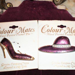 ELEGANT Purple ENAMEL Brooches HAT & SHOE Pins w/Crystals 18KGold